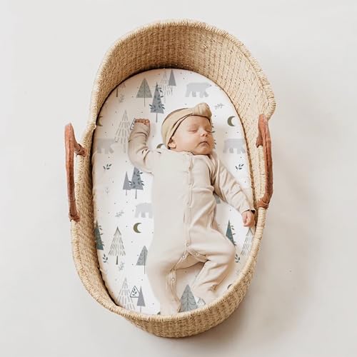 Stretch Fitted Bassinet Sheet Set BROLEX 2 Pack Cradle Sheets for Bassinet Pad (Snowy Forest / 32x16 Inch)