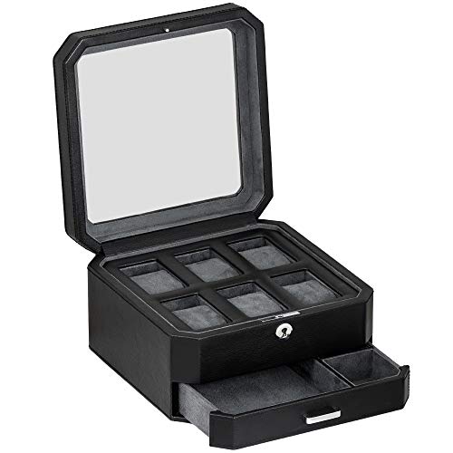6 Slot Leather Watch Box with Valet Drawer (6 Slot - Black / Grey)
