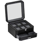6 Slot Leather Watch Box with Valet Drawer (6 Slot - Black / Grey)