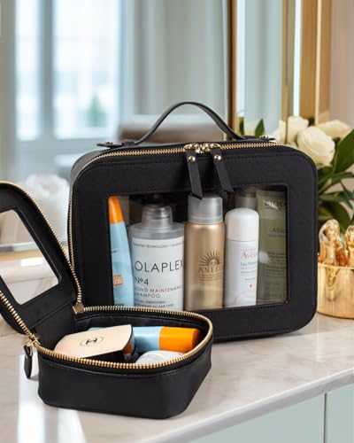 2Pack Clear Toiletry Bag for Women Travel Makeup Bag (0-Large+Mini-Black)