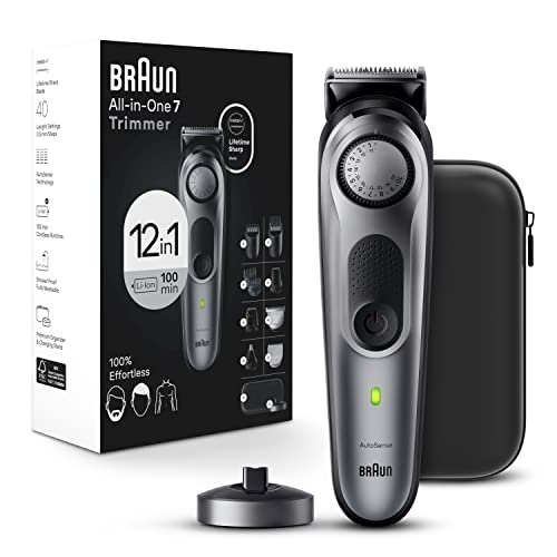 All-in-One Men's Shaving Kit Series 7 7440, 12-in-1 Beard, Face, Nose, Ear Trimmer, Hair Clippers, Body Groomer and Manscaping + Travel Case + Charging Stand (Silver / 13 Piece Set)