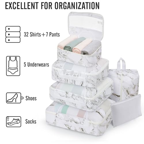 8 Set Packing Cubes for Travel Essentials (14 White Marble)