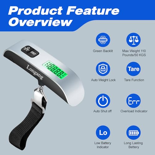 Digital Hanging Luggage Scale with Backlit for Travel (Silver)