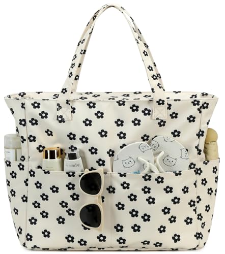 Waterproof Beach Tote Pool Bags for Women Ladies Extra Large Gym Tote Carry On Bag With Wet Compartment for Weekender Travel (Black Little Flower 95)