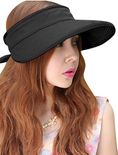 Sun Hats for Women with UV Protection Wide Brim Sun Hat Visor Summer Beach Outdoor Foldable Womens Cap (One Size-Medium / Black)