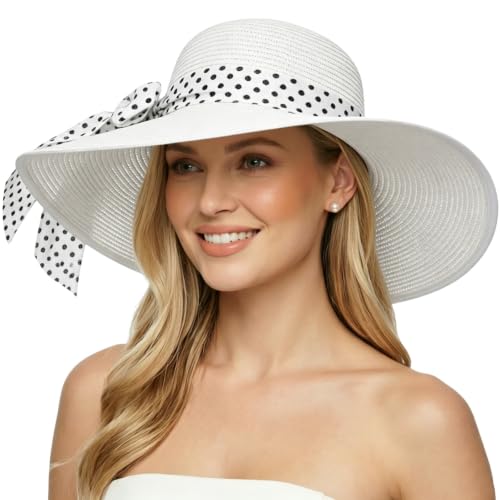 Wide Brim Sun Hat for Women Floppy Straw Hat Summer Beach Hats Fashionable Trendy Hats Sun Protection UPF 50+ (1 Pack With Polka Dot Bow: White)