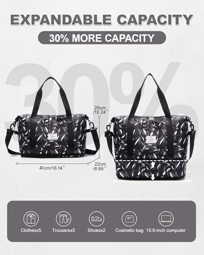 Large Duffel Bag For Travel Women Carry On Personal Item Work 18x14x8 Bag (A89-LeafBlack-expandable / X-large)