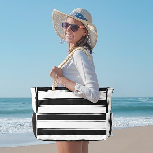 Beach Bags for Women Large Waterproof Beach Tote Bag Zipper Waterproof Sandproof Swim Pool Bag (Black Stripe)