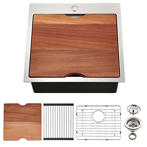 Kitchen Sink 21 x 20 x 10 Drop in Kitchen Sink 16 Gauge Stainless Steel Kitchen Sinks Single Bowl Workstation Sink with Cutting Board (21" x 20" x 10" / Stainless Steel)