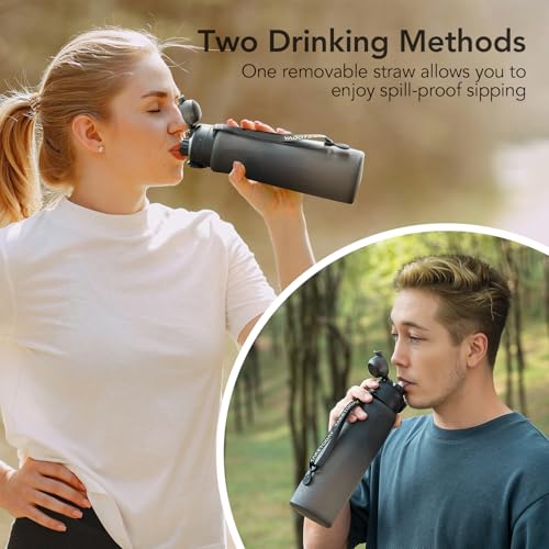 Collapsible Water Bottles with Straw for International Travel (Black / 32 Ounces / Straw)