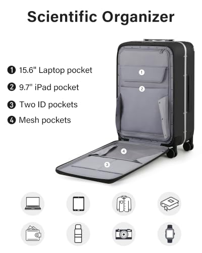 Wide Handle Luggage with Front Pocket Hardshell Aluminium Check In Suitcase with Wheels Medium 24 Inch Front Opening Checked Luggage with Spinner Wheels TSA Lock Airline Approved Luggage (Checked Medium 24 Inch / Black)