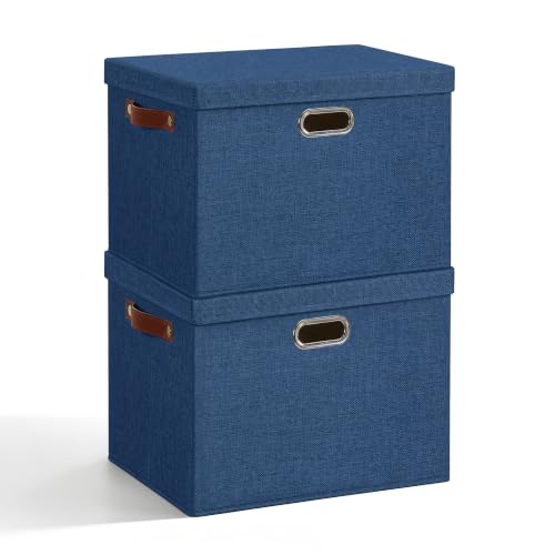 17" Large Fabric Storage Box with Lids (Navy / Large -2 Pack)