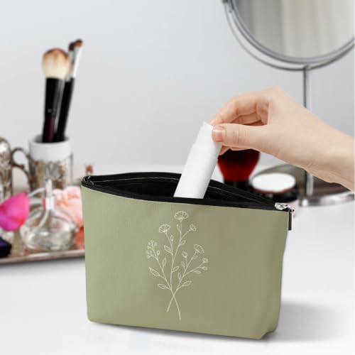 Minimalist Line Art Wildflower Makeup Bag Cosmetic Bags for Women (Sage Green 1817)