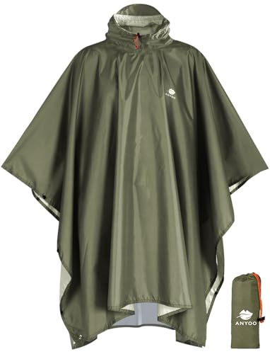Hooded Rain Poncho for Adult Waterproof Lightweight Raincoat (Army Green)