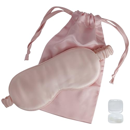 Mulberry Soft Silk Eye Mask for Sleeping with Ear Plugs & Luxury Bag (Pink)