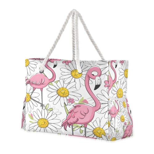 Large Beach Bags Totes Canvas Tote Shoulder Bag Soft Wave Water Resistant Bags for Gym Travel Daily Ocean (Flamingo)