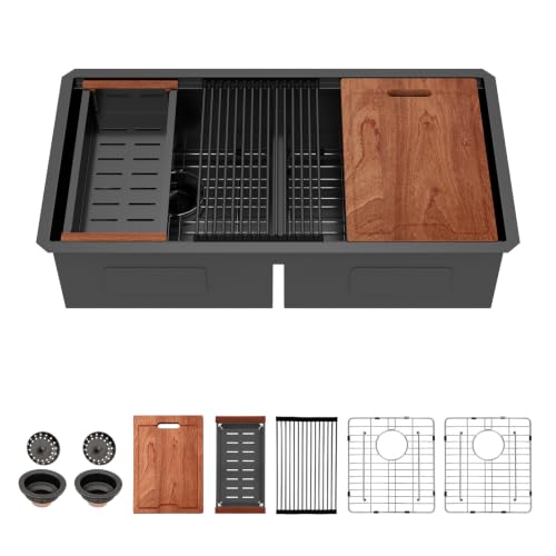 36 Inch Matte Black Double Bowl Kitchen Sinks Undermount (Matte Black-Workstation / 36''x19''-50/50)