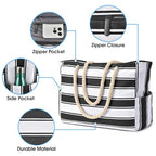 Beach Bags for Women Large Waterproof Beach Tote Bag Zipper Waterproof Sandproof Swim Pool Bag (Black Stripe)