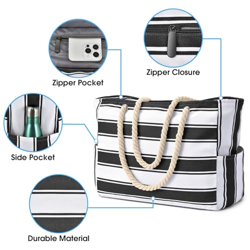 Beach Bags for Women Large Waterproof Beach Tote Bag Zipper Waterproof Sandproof Swim Pool Bag (Black Stripe)