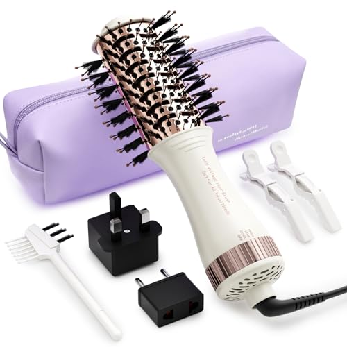 4-in-1 Travel Dual Voltage Hair Dryer Brush 110-240V Blow Dryer Brush (50mm Oval / White & Rose Gold)