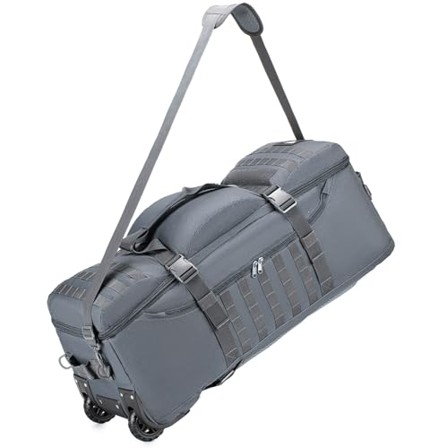 Tactical Travel Duffle Bag with Wheels and Handle 3 in 1 Large 85L XL Rolling Travelling Backpack Waterproof Oxford Carry On Hand Luggage Deployment Bags with Combination Padlock (Grey)