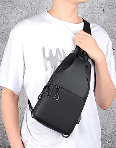 Waterproof Sling Bags Mens Shoulder Crossbody Backpack with USB Charging Port& Headphone (A-black)