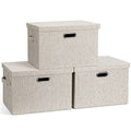 Large Quart Collapsible Stackable Storage Bins with Lids (Beige / Large -3 Pack)