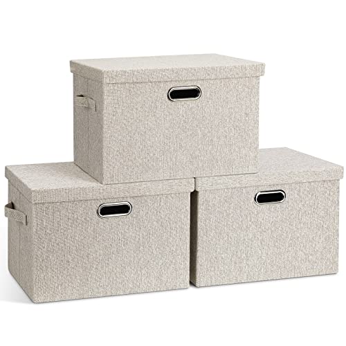 Large Quart Collapsible Stackable Storage Bins with Lids (Beige / Large -3 Pack)