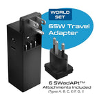 65W World Travel Adapter 3 USB Ports PD 3.0 Ultra Compact Charger 2 US Outlets [GaN Tech] (Black)