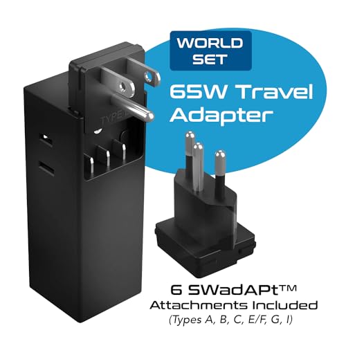 65W World Travel Adapter 3 USB Ports PD 3.0 Ultra Compact Charger 2 US Outlets [GaN Tech] (Black)