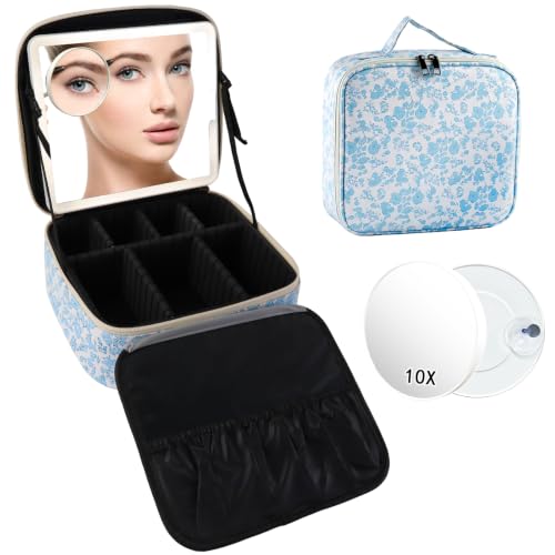 Travel Makeup Bag with LED Mirror Toiletry Bag for women with 10x magnifying glass (Blue Flower / With LED Mirror and 10x Magnifying Glass)