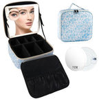 Travel Makeup Bag with LED Mirror Toiletry Bag for women with 10x magnifying glass (Blue Flower / With LED Mirror and 10x Magnifying Glass)