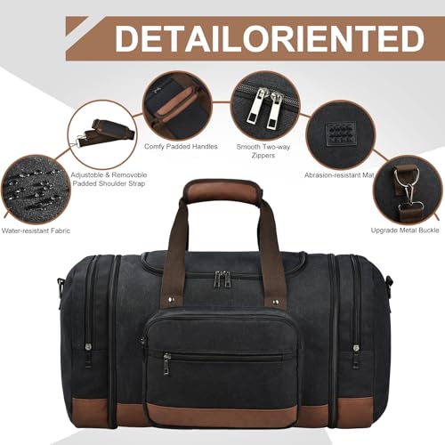 50L Canvas Duffle Bag for Travel Weekender Gym Overnight Carry (Black / 50L)