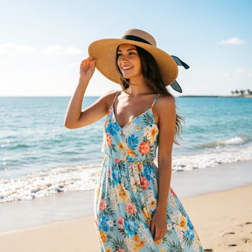 Women Wide Brim Bow Straw Hat Floppy Foldable Beach Sun Hat Roll up Cap UPF 50+ (Khaki (Black Band) /Normal Edge)