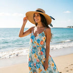 Women Wide Brim Bow Straw Hat Floppy Foldable Beach Sun Hat Roll up Cap UPF 50+ (Khaki (Black Band) /Normal Edge)