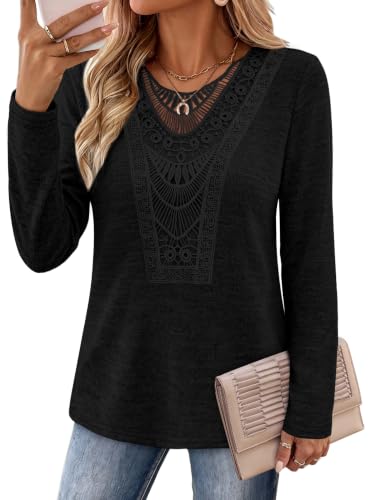 Womens Tops Boho Long Sleeve Shirts Fall Fashion Clothing Black 2XL (XX-Large / Black)