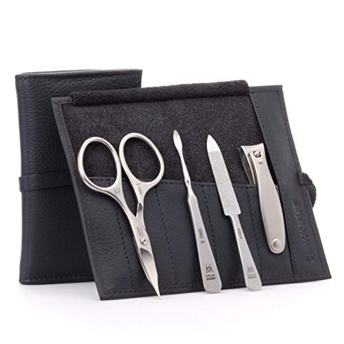 4pc Manicure Grooming Set (4-Pc: Clipper, Combo Scissor, Sapphire File / Black Leather Roll)