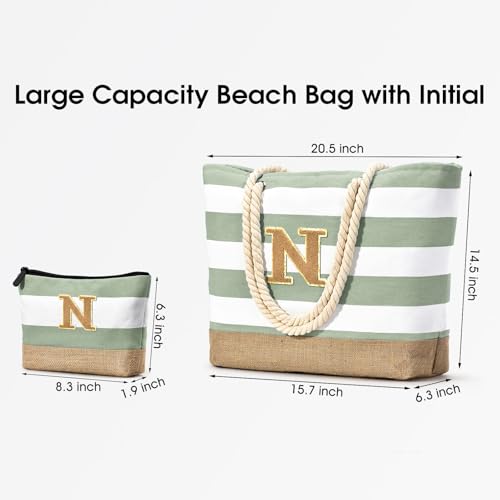 Beach Bag Initial Beach Tote with Makeup Bag for Travel (Light Green / N)