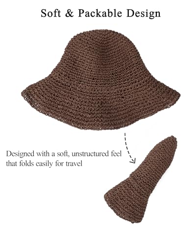 Womens Crochet Straw Sun Hat Foldable Floppy Wide Brim Beach Hat for Summer (One Size / Coffee)