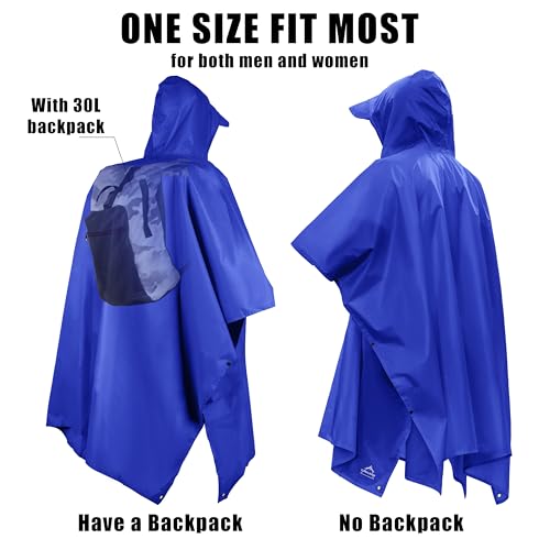 Hooded Rain Poncho Lightweight Waterproof Unisex Raincoat Jacket with Pocket for Men Women Adult (One Size / Blue)