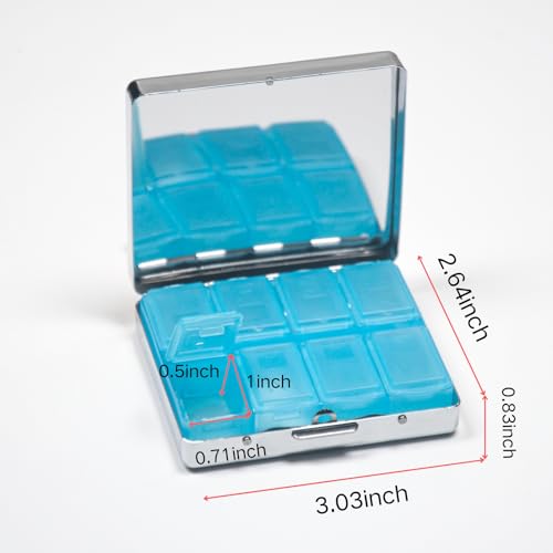 Silver Vintage Pill Box 7 Day Metal Pill Box with Mirror and 8 Compartments Cute Travel Pill Organizer for Purse (Rainbow Flowers)