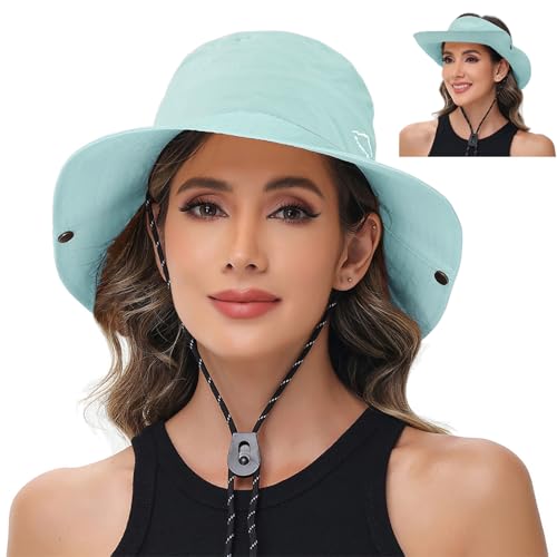 Sun Hats for Women Bucket Hat UV Protection Fishing Hat Wide Brim Safari Hats 2 in 1 Zip (1pack-light Blue)
