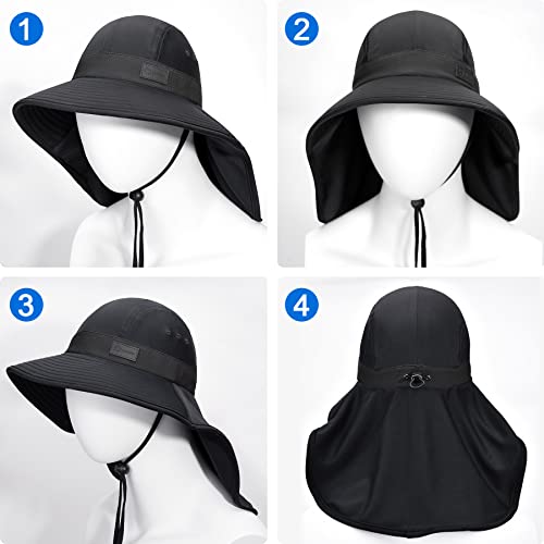 Cooling Sun Hat for Men Women UPF50+ Wide Brim Fishing Hat with Neck Flap Adjustable Foldable Bucket Hat for Hiking Black (Black)