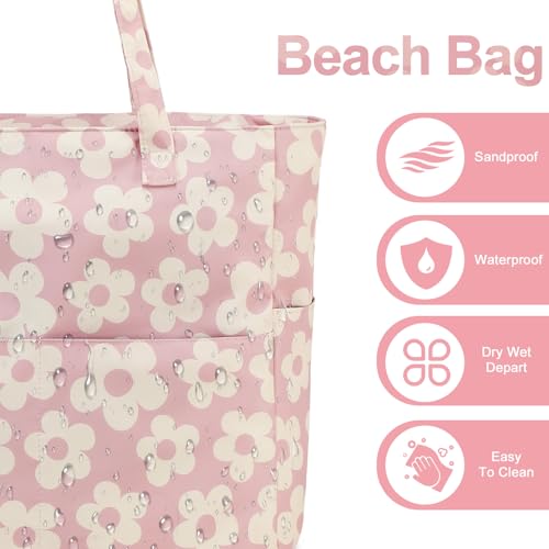 Waterproof Beach Tote Pool Bags for Women Ladies Extra Large Gym Tote Carry On Bag With Wet Compartment for Weekender Travel (Beige Flowers)