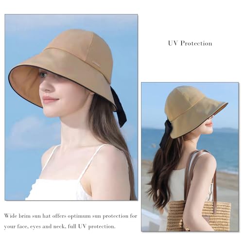 Wide Brim Hats for Woman Foldable Hats Sun Hats for Women uv Protection Bowknot Bucket hat Adjustable hat with Ponytail Hole Khaki (Khaki)