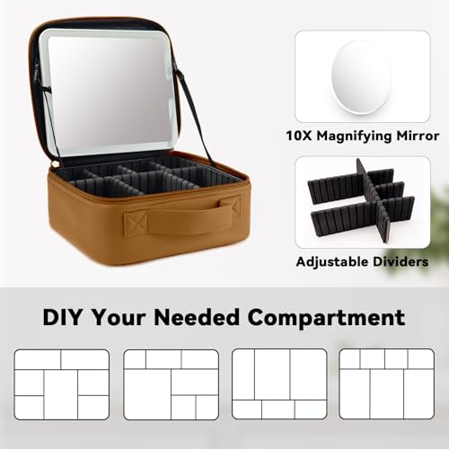 Travel Makeup Bag with LED Mirror and 10x magnifying glass with 3 Lighted Settings (Brown / With LED Mirror and 10x Magnifying Glass)