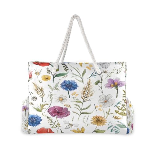 Large Beach Bags Totes Canvas Tote Shoulder Bag Soft Wave Water Resistant Bags for Gym Travel Daily Ocean (Hand Drawn Flowers)