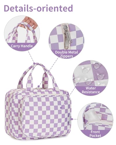 Hanging Toiletry Bag for Women (B-Purple Checkerboard / Medium)