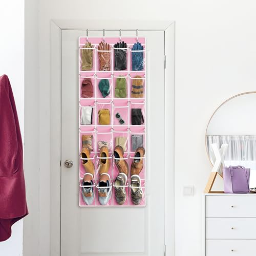 24 Pockets Large Clear Over the Door Shoe Organizer (Extra Large Pockets / Pink)