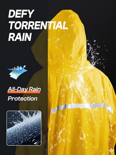 Mens Long Hooded Safety Rain Jacket Waterproof Emergency Raincoat Poncho (Large / Yellow)